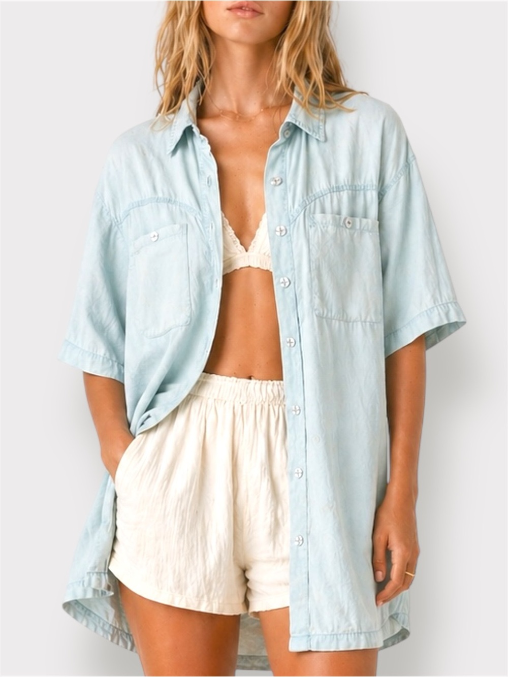 Zara Pale Blue Lyocell Tunic Shirt Medium